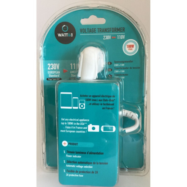 Transformateur 220v-110v europe vers stantdard usa. puissance 100w max. fusible de protection. interrupteur on/off. câble 1.50m - Watt&co - TR230-115-100B