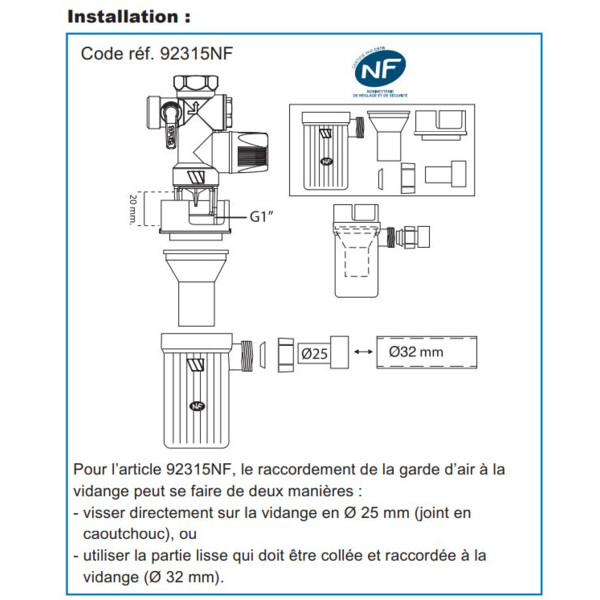 Siphon normalisé NF avec déflecteur pour groupe de sécurité NF EN 1487 - Watts industries - 2292315