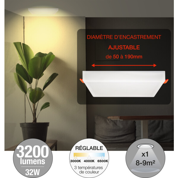 Spot encastré Blanc Carré 220x220 mm LED 32 W 3200 lm ONYX FRAMELESS Arlux – Température de Couleur Réglable à 3 Niveau - Arlux - 731664