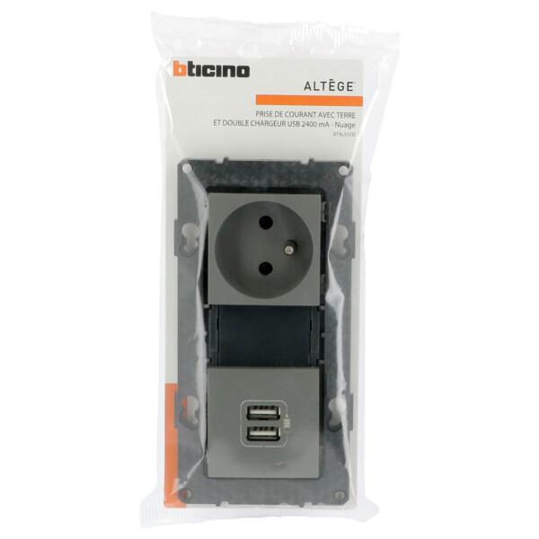 Bticino altège  prise de courant 2p+t + prise double chargeur usb - 2400 ma - nuage - compo - Bticino Cofrel - BTAL31CD
