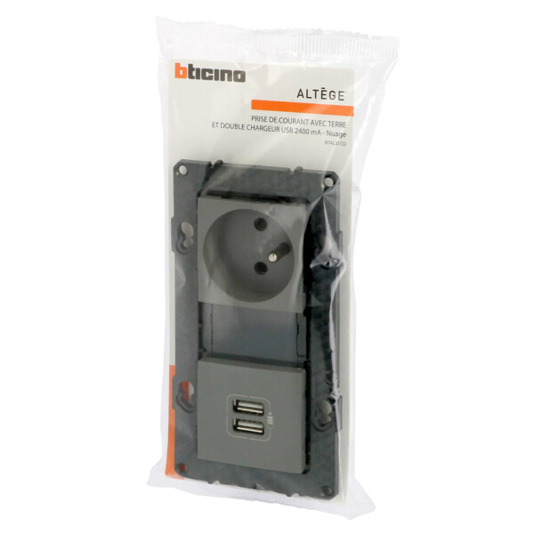Bticino altège  prise de courant 2p+t + prise double chargeur usb - 2400 ma - nuage - compo - Bticino Cofrel - BTAL31CD
