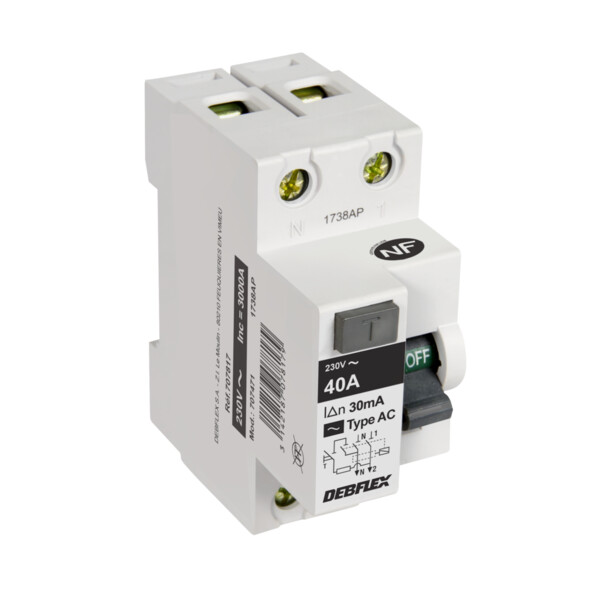 Interrupteur differentiel Debflex 2P 30mA 40A 2 modules type AC blanc - Debflex - 707817