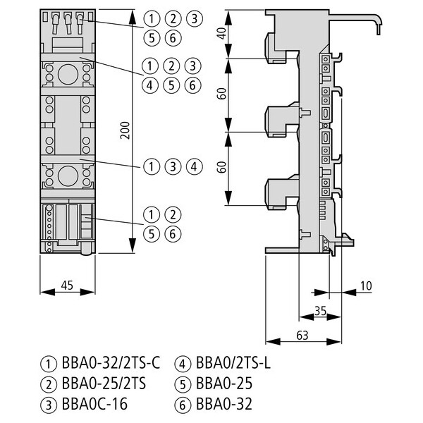 Adaptateur jdb, 45mm, 25a, 2ts (BBA0-25/2TS) - Eaton - 101481