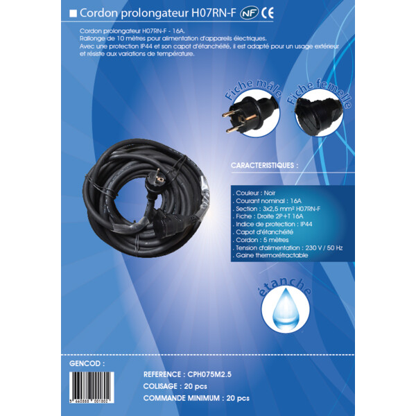 Cordon Prolongateur Franelec - 5m - 2P+T - 230V - 16A - Gaine Thermorétractable - avec Capot d'étanchéité - IP44 - Franelec - CPH075M2.5