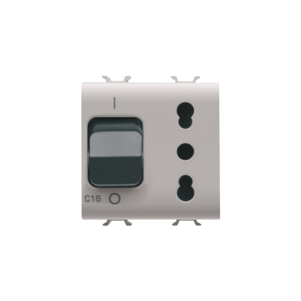 Interlocked switched socket-outlet - 2p+e 16a - p17-p11 - with miniature circuit breaker 1p+n 16a - 230v ac - 2 modules - natural beige - chorus. - Gewiss - GW13311