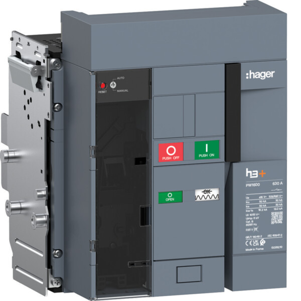 Disjoncteur h3+ PW1600 3P 630A 50kA Débrochable pour TU sentinel - Hager - HY1M306DB