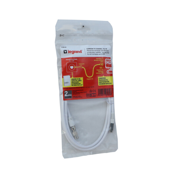 Cordon avec 1 Embout Coaxial et 1 Embout RJ45 Longueur 2 m Legrand – pour Raccorder un téléviseur ou une Set-top-box - Legrand - 093043