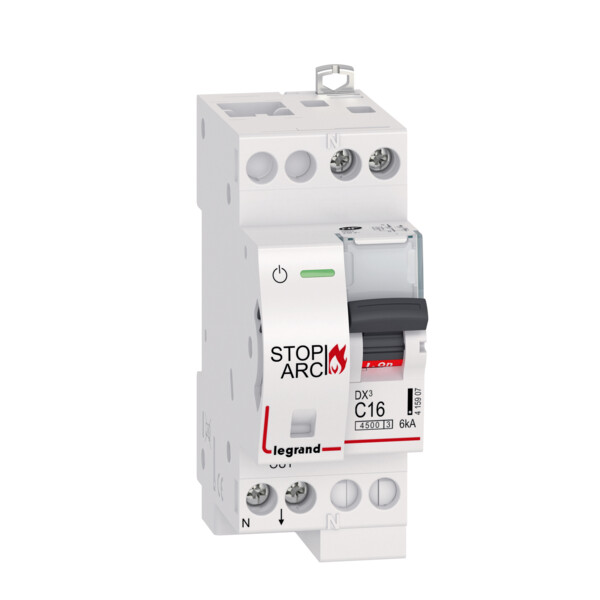 Legrand Disjoncteur DX³ STOP ARC 4500 6kA arrivée haute et sortie basse borne à vis - 1P+N 230V~ 16A courbe C - 2 modules - Legrand - 415907