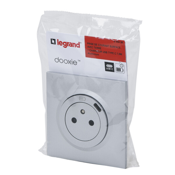 Legrand dooxie prise de courant + chargeur usbx1 type c 1 poste complet alu - Legrand - 095036