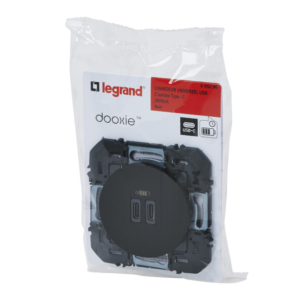 Legrand dooxie chargeur 2 usb c+c  3a 15w noir composable - Legrand - 095296