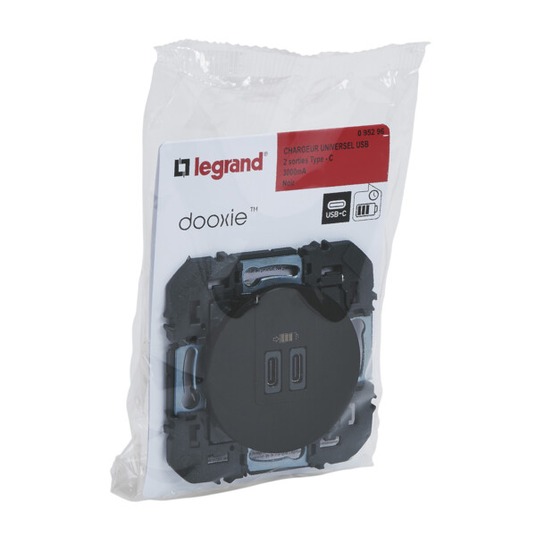 Legrand dooxie chargeur 2 usb c+c  3a 15w noir composable - Legrand - 095296