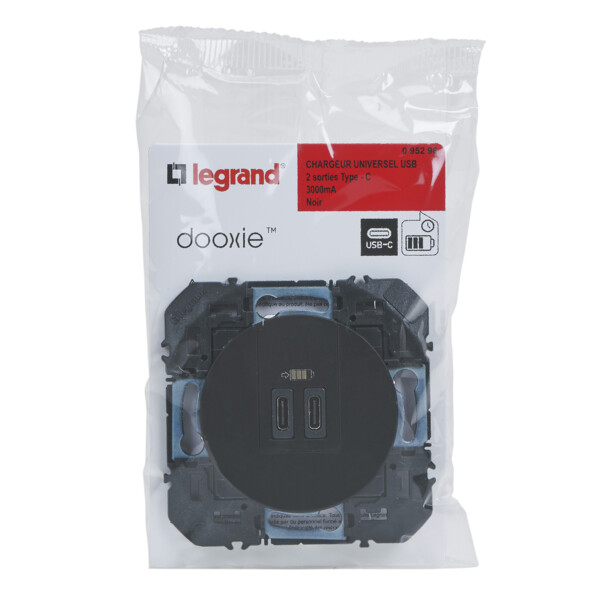 Legrand dooxie chargeur 2 usb c+c  3a 15w noir composable - Legrand - 095296