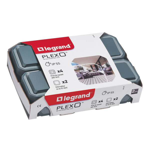 Legrand - lot plexo 2 va et vient + 4 prises de courant avec terre gris saillie - Legrand - 200490