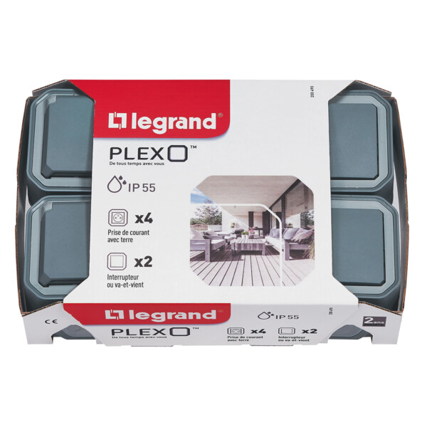Legrand - lot plexo 2 va et vient + 4 prises de courant avec terre gris saillie - Legrand - 200490
