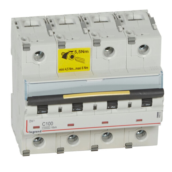Disjoncteur dx³ 10000-vis/vis-4p-400v~-100a-16ka-courbe c-départ-peigne hx³ trad 4p - Legrand - 409363