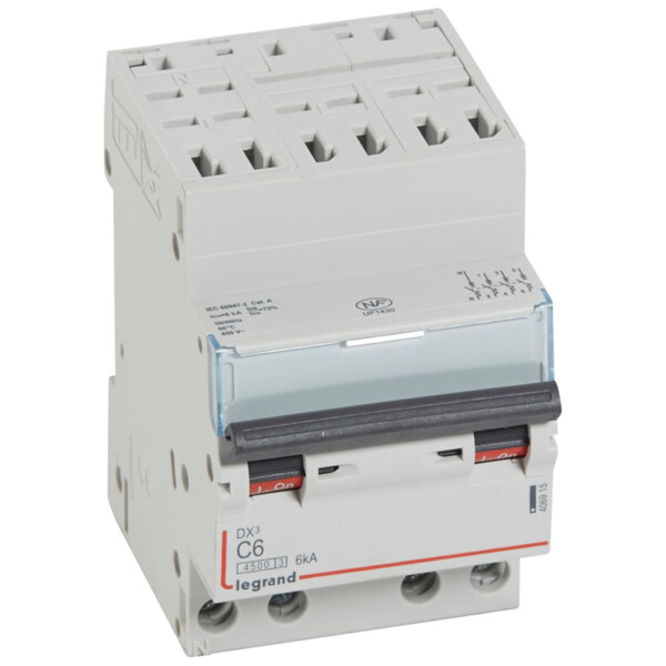 Disjoncteur DX³ 4500 - auto/vis - 4P - 400 V~ - 6A - 6kA - courbe C - 3M - Legrand - 406915