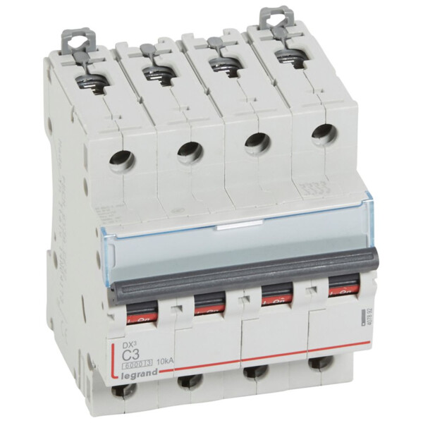 Disjoncteur dx³ 6000 -vis/vis- 4p- 400v~-3a-10ka-courbec-départ-peigne hx³ trad 4p - Legrand - 407892