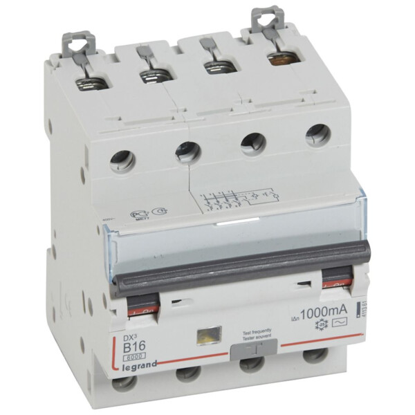 Disjoncteur différentiel monobloc DX³ 6000 -vis- 4P- 400V~-16A-typeAC-1000mA-10kA-courbe B-départ - Legrand - 411361