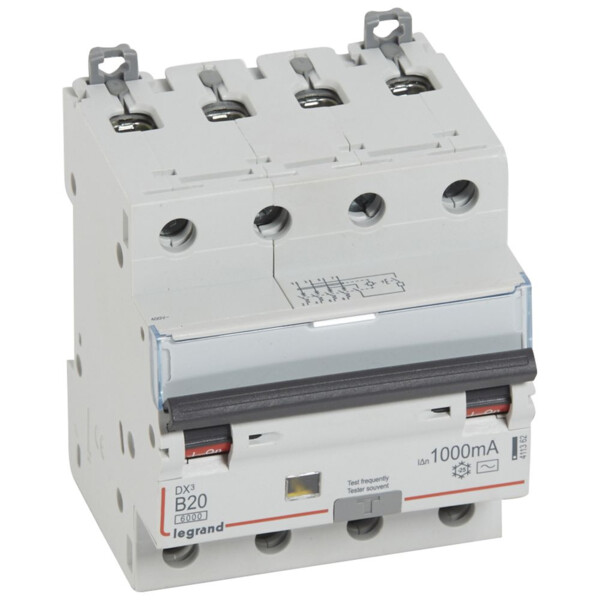 Disjoncteur différentiel monobloc DX³ 6000 -vis- 4P- 400V~-20A-typeAC-1000mA-10kA-courbe B-départ - Legrand - 411362