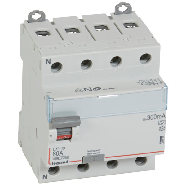 Interrupteur différentiel dx³-id - vis/vis - 4p- 400v~-80a - type a - 300ma - départ bas - Legrand - 411687