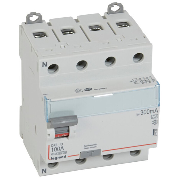 Interrupteur différentiel dx³-id - vis/vis - 4p- 400v~-100a - type a - 300ma - départ bas - Legrand - 411688