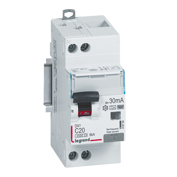 Disjoncteur différentiel DX³ 4500 arrivée haute et départ bas à vis U+N 230V~ - 20A typeF 30mA - courbe C - 2 modules - Legrand - 410754