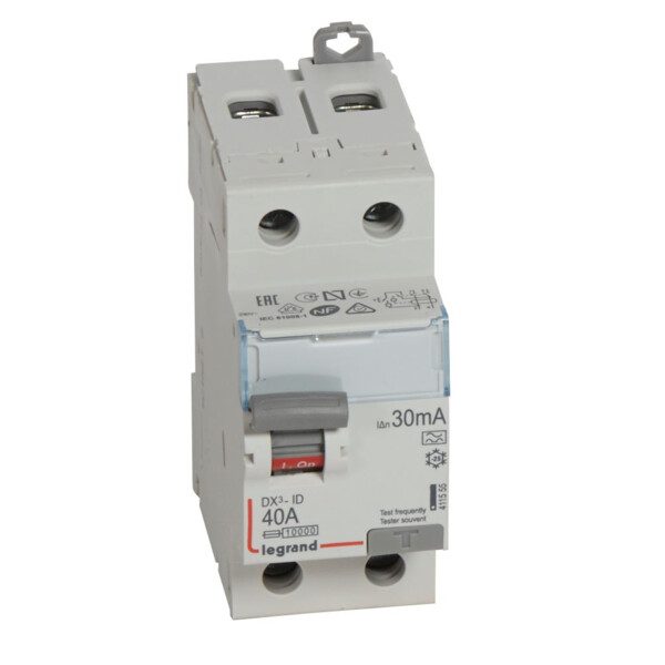 Interrupteur différentiel dx³-id - vis/vis - 2p- 230v~-40a - type a - 30ma - départ bas - Legrand - 411555