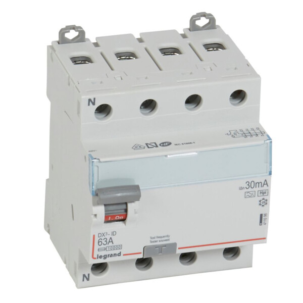 Interrupteur différentiel dx³-id - vis/vis - 4p- 400v~-63a - type F - 30ma - départ bas - Legrand - 411696
