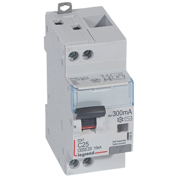 Disjoncteur différentiel monobloc dx³ 6000-vis/vis-u+n 230v~-25a-typeac-300ma-10ka-courbe c-départ - Legrand - 410815