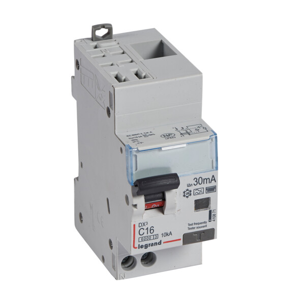 Disjoncteur différentiel monobloc DX3 6000 - auto/vis-u+n 230v~-16a-typehpi-30ma-10ka-courbe c-départ - Legrand - 410871