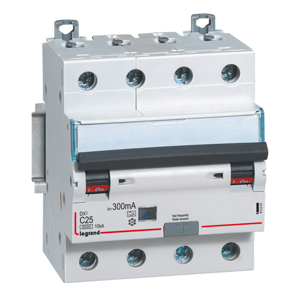 Disjoncteur différentiel monobloc dx³ 6000 -vis- 4p- 400v~ -25a-typea-300ma-10ka-courbe c-départ - Legrand - 411241