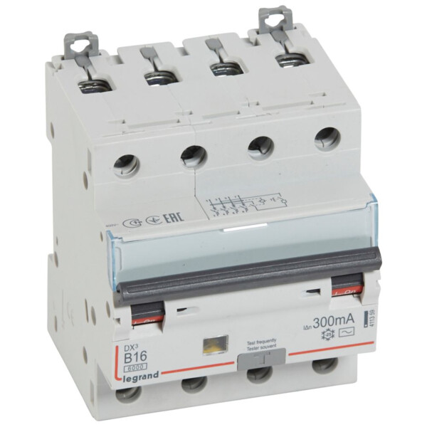 Disjoncteur différentiel monobloc DX³ 6000 -vis- 4P- 400V~-16A-typeAC-300mA-10kA-courbe B-départ - Legrand - 411359