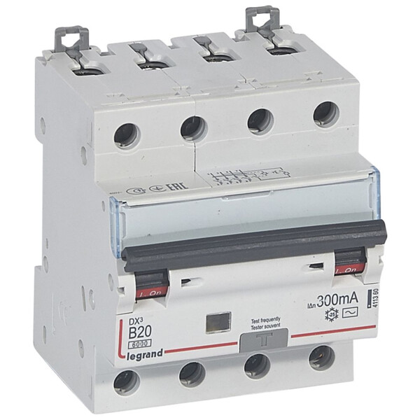 Disjoncteur différentiel monobloc DX³ 6000 -vis- 4P- 400V~-20A-typeAC-300mA-10kA-courbe B-départ - Legrand - 411360