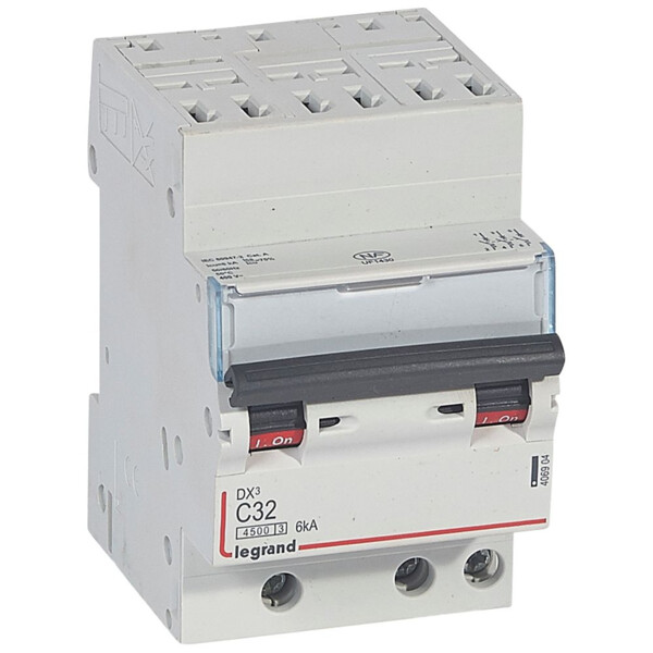 Disjoncteur 3P 32A Legrand 406904 DX³ 4500 6kA Courbe C - Arrivée haute automatique / Sortie basse à vis - 400V - 3 modules - Legrand - 406904