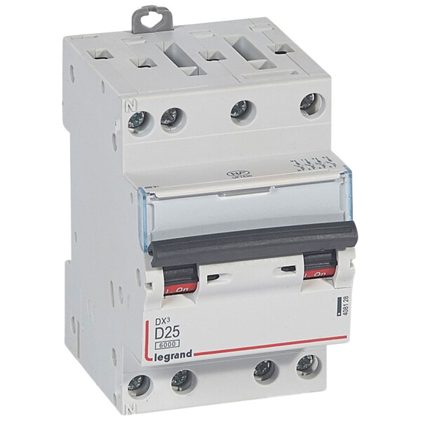 Disjoncteur Legrand DX³ 6000 - 10kA - 4P - 25A - Courbe D - Arrivée haute/départ bas - Pour peigne HX³ optimisé - 400V - 4 modules - Legrand - 408128