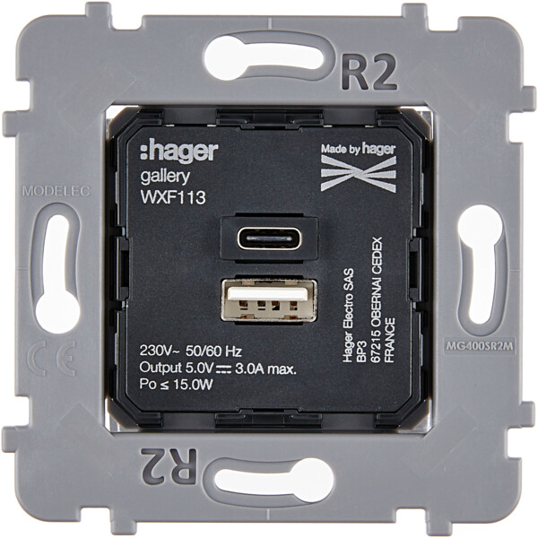 Mécanisme Chargeur 2 ports USB A+C (5V-3A) pour façade U1 - Modelec - 087511G