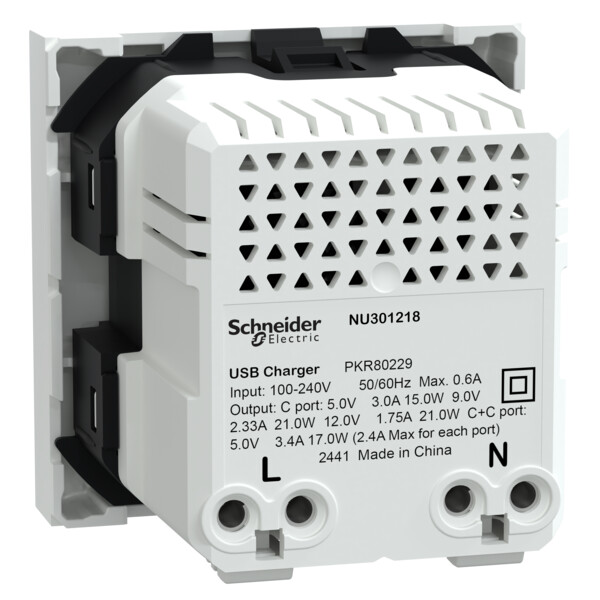 Unica - chargeur USB double type C+C - 21W Power Delivery - 2 mod - blanc - Schneider Electric - NU301218