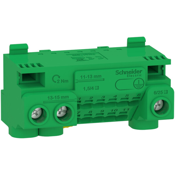 Bornier de terre 63A avec cavalier Schneider Resi9 auto 11x 1,5 à 4 mm2 vis 3x 6 à 25 mm2 - Schneider Electric - LGYT1E14