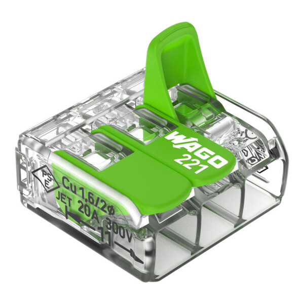 Borne de raccordement Wago 221 green 3x4mm² à leviers (blister de 12 bornes) - Wago - 221423/995012