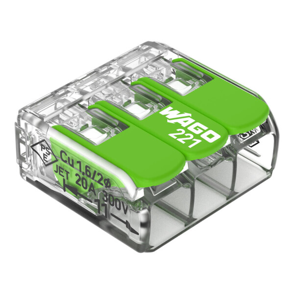 Borne de raccordement Wago 221 green 3x4mm² à leviers (blister de 12 bornes) - Wago - 221423/995012