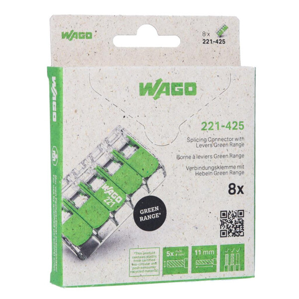 Borne de raccordement Wago 221 Green 5x4mm² à leviers (blister de 8 bornes) - Wago - 221425/995008