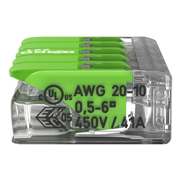 Borne de raccordement Wago 221 Green 5x6mm² à leviers (blister de 6 bornes) - Wago - 221625/995006