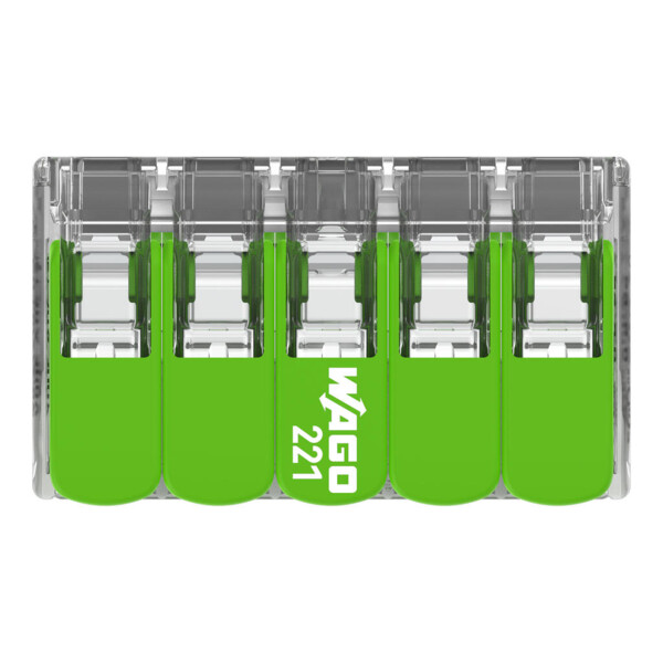 Borne de raccordement Wago 221 Green 5x6mm² à leviers (blister de 6 bornes) - Wago - 221625/995006