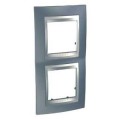 Plaque gris métal liseré aluminium Schneider Unica Top 2 postes 2x2 modules vertical 71mm
