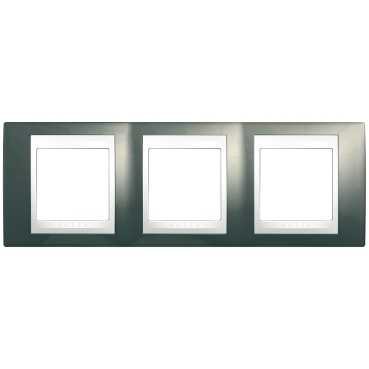 Plaque de Finition Unica Schneider Electric Champagne Liseré Blanc - 3 Postes Horizontales - Entraxe 71 mm - 6 Modules