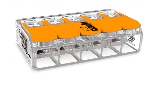 wago mini borne 6² d'installation universelle pour types de conducteurs, borne pour 5 conducteurs, avec leviers de manipulation