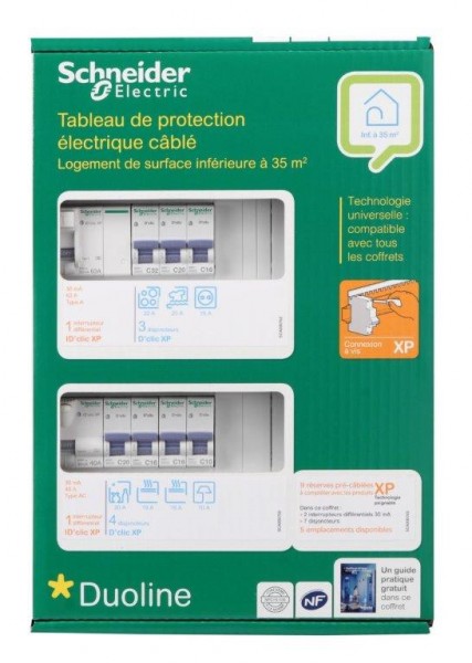 Tableau de protection électrique câblé Schneider pour logement inférieur à 35m² 2 rangées 13 modules XP