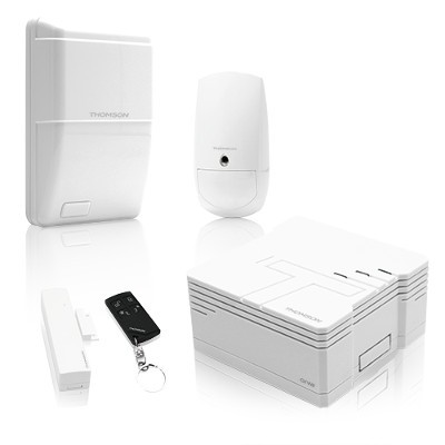 Thomson pack securite - composition : 1 thombox + 1 détecteur de mouvement + 1 détecteur d'ouverture + 1 sirène intérieure + 1 télécommande