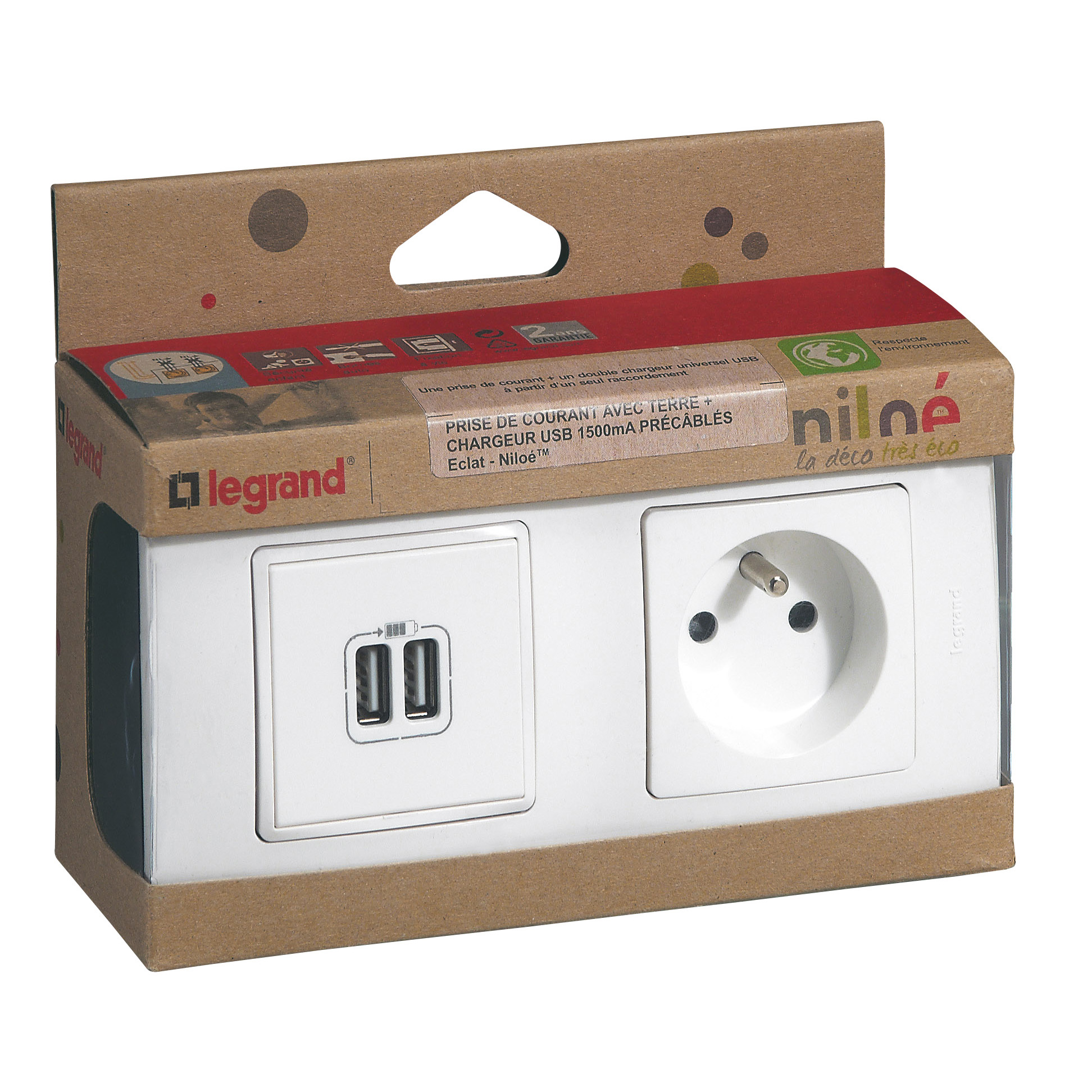 Prise Triple Legrand Niloé – 3 Prises Avec Terre – Blanc – Avec Plaque Coquelicot