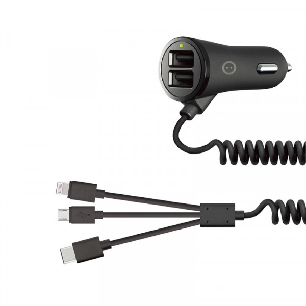 Chargeur voiture allume cigare 2*usb 3,4a + câble 3 en 1 micro/light/typec 1,8m